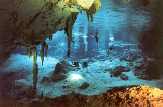 Divers inside the blue cavern water at Cenote Dos Ojos