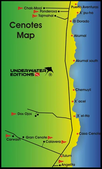 Map of Riviera Maya cenotes including Dos Ojos, Gran Cenote and Cenote Angelita